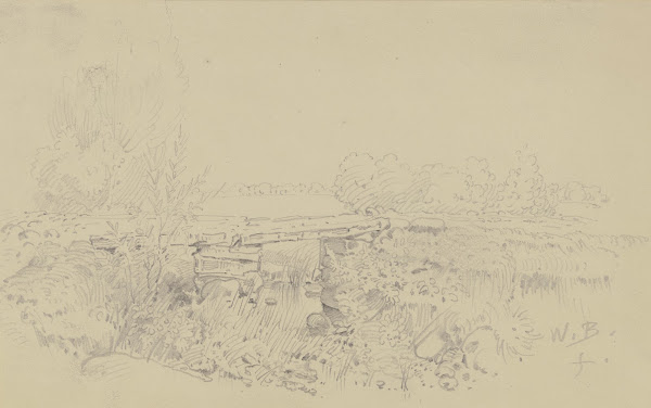 Steinbrücke in weiter Landschaft ca 1865