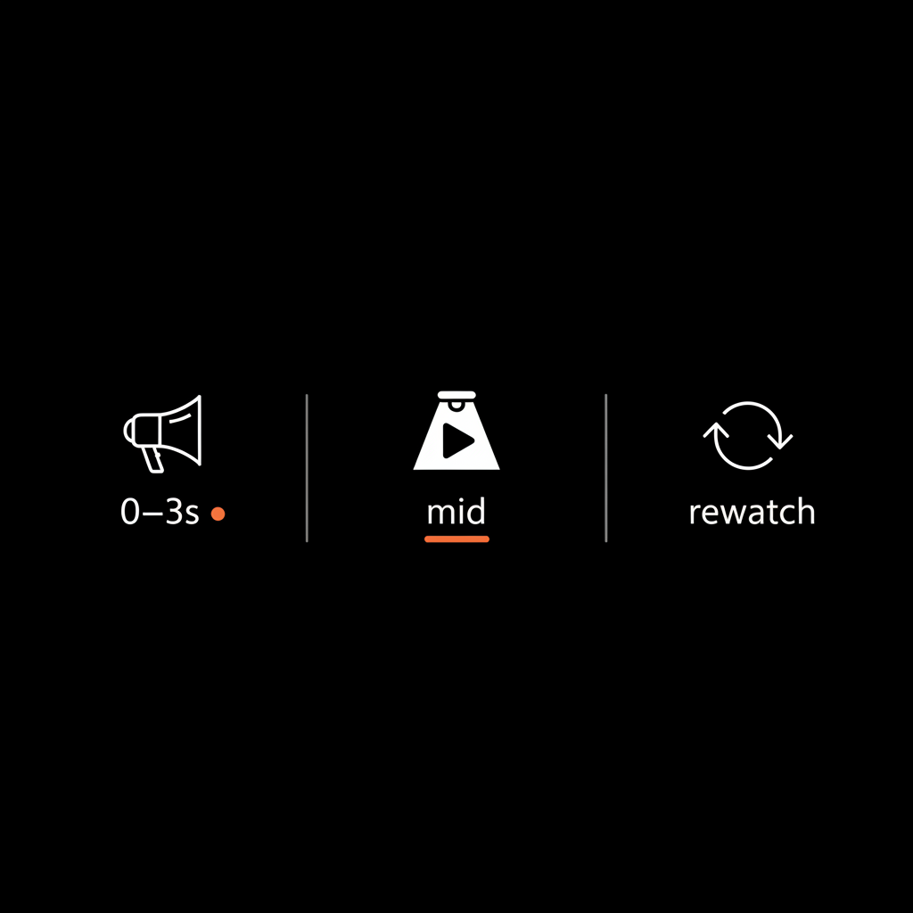 Minimal vector infographic timeline on black background showing 0–3s hook, mid-video payoff and rewatch indicator — How to get recognised on TikTok