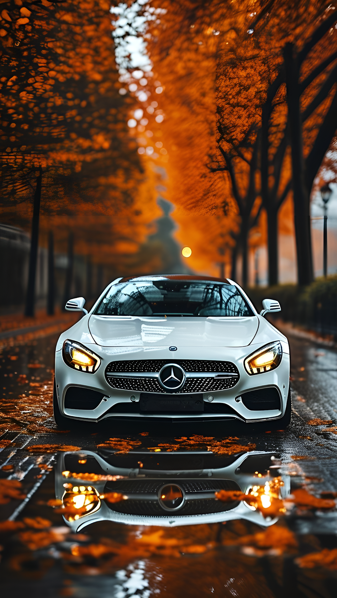 White Mercedes AMG GT Autumn Road Reflection - Free 4K mobile Wallpaper