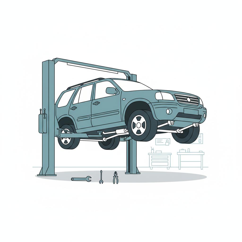 Minimalist vector of a mid size SUV on a garage lift showing underbody and transmission area kia telluride for sale in CarFax Deals color palette