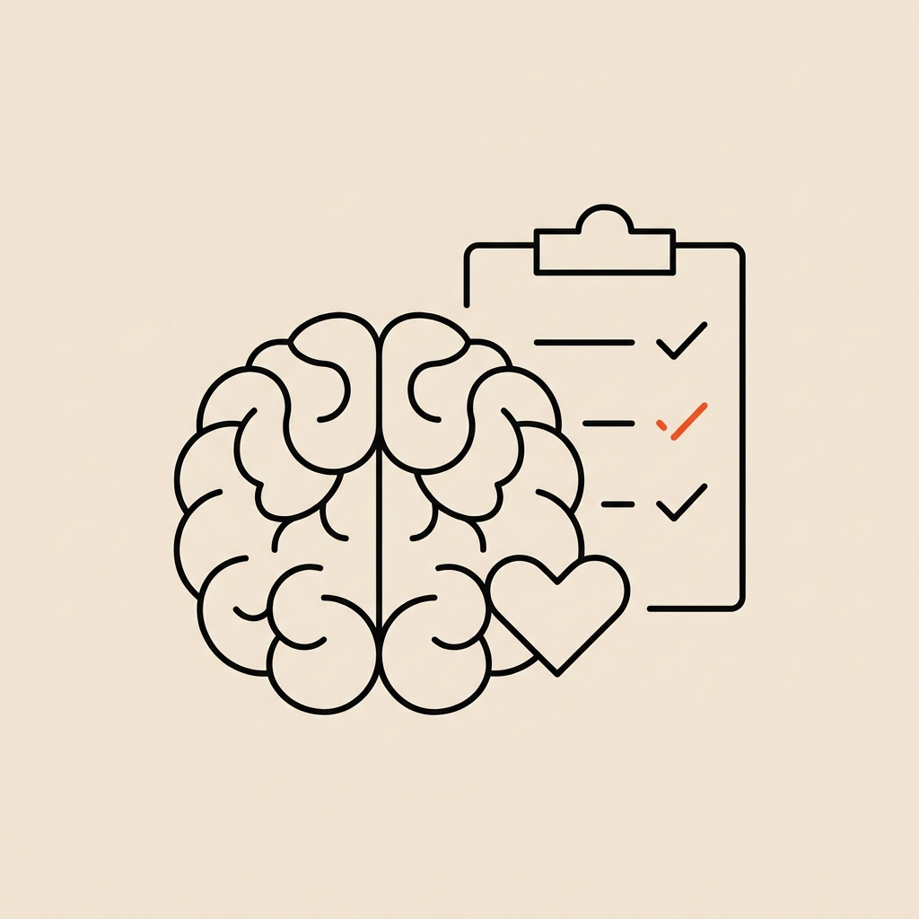 Minimalist Tonum style line illustration of a brain outline next to a checklist and a small heart symbol representing cognition monitoring and vascular health for mild cognitive impairment