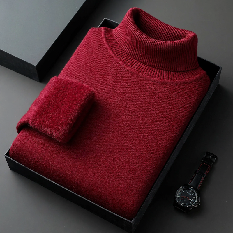Men's knitted sweater with roll neck and wool content