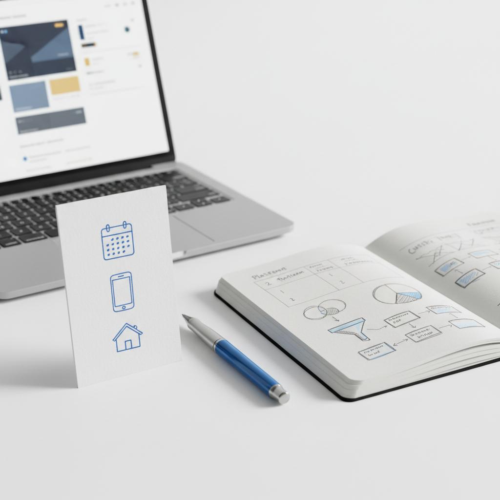 Minimalist desk close-up with icon-only checklist, blue-accent pen, sketched comparison notebook and abstract laptop dashboard &mdash; Angi vs HomeAdvisor