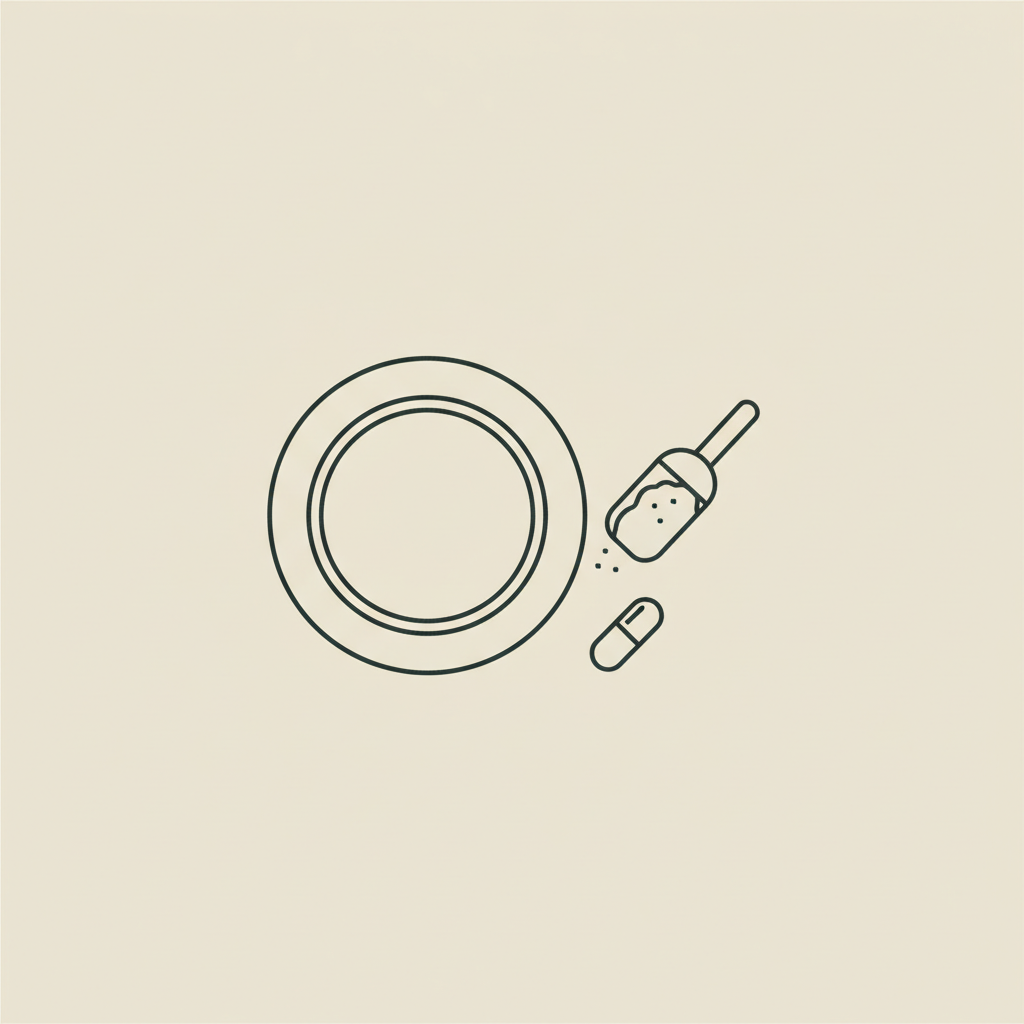 Minimalist line illustration of a plate with a scoop of protein powder and a capsule on a beige background representing best protein powder for weight loss