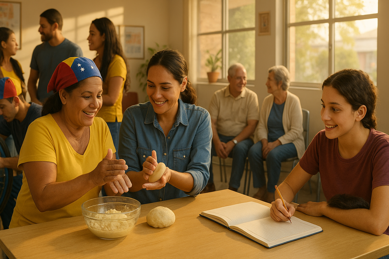 Venezolanos de distintas edades intercambiando oficios en un centro comunitario
