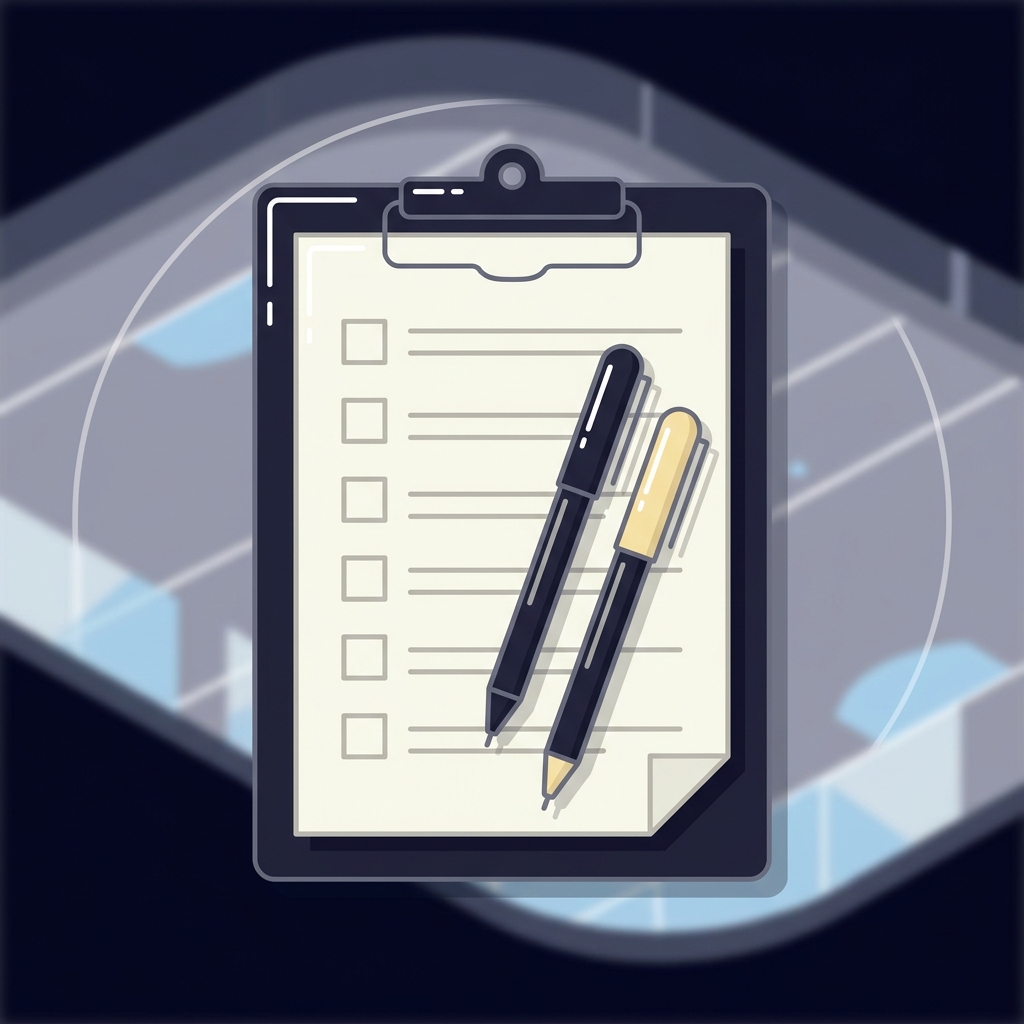 Minimalist vector clipboard with a printed one page checklist and pens on a blurred ice rink background for Building an NHL Daily Research Checklist in Funded Plays brand colors