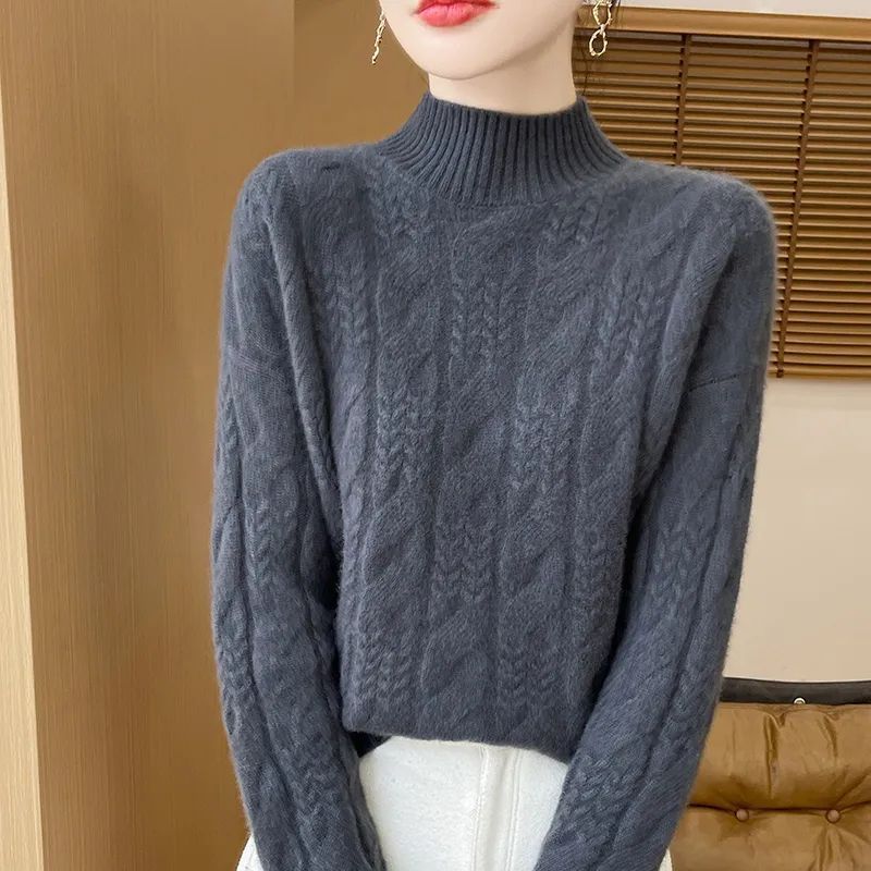 Women's Knit Sweater, Stand-Up Collar, Cable Pattern, 3D Effect