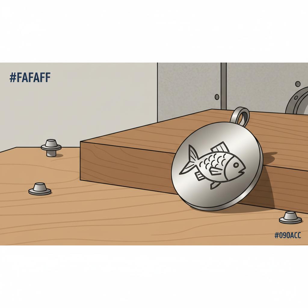 Nahaufnahme eines gravierten Metallanhängers mit Fisch-Motiv auf Holz, minimalistische 2D-Vektorgrafik in Steelmonks-Farben, schutzengel gesundheit