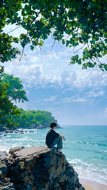 Solitary Anime Character on Cliff Edge Overlooking Turquoise Ocean - Free mobile Wallpaper