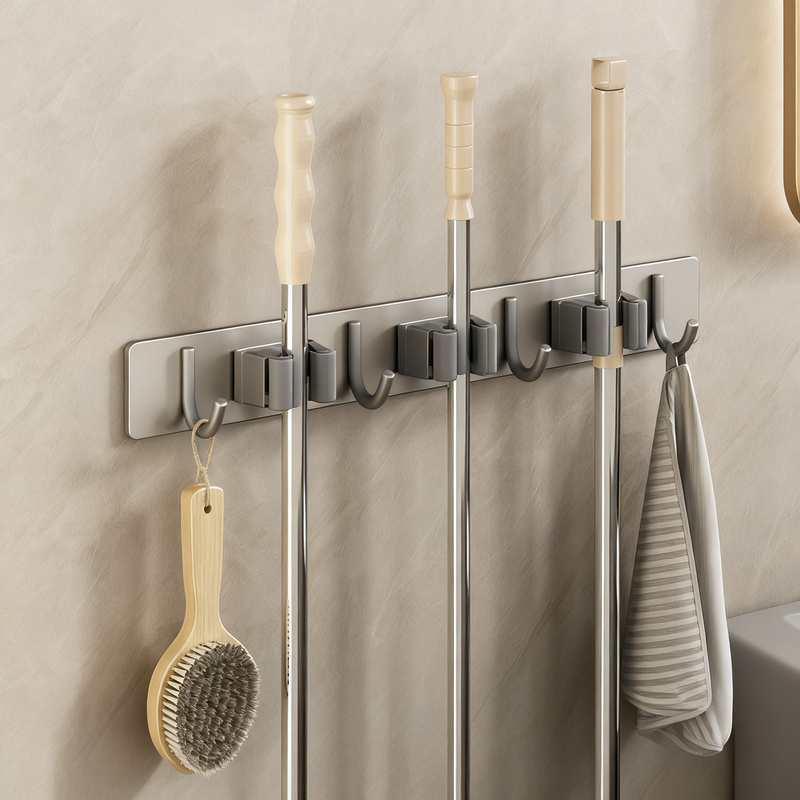 Wall holder for broom and mop made of stainless steel