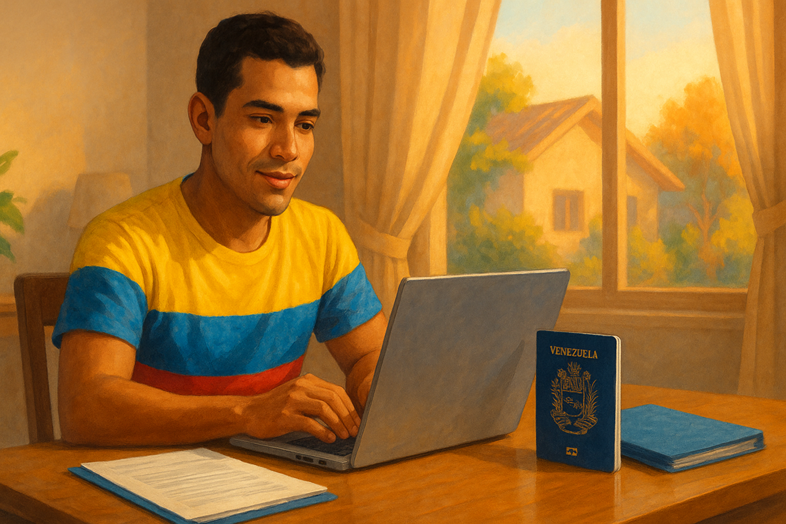 Carpeta con documentos para apostillar desde el exterior y pasaporte venezolano