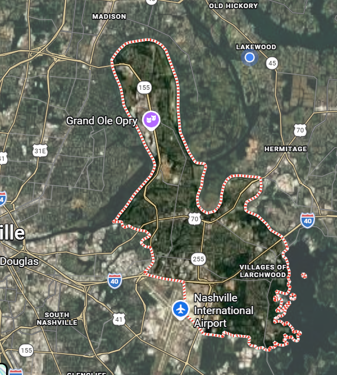 Google map showing the Donelson 37214 area boundary in Nashville, Tennessee.