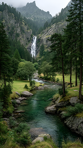 Serene Alpine Waterfall and Emerald River Valley View