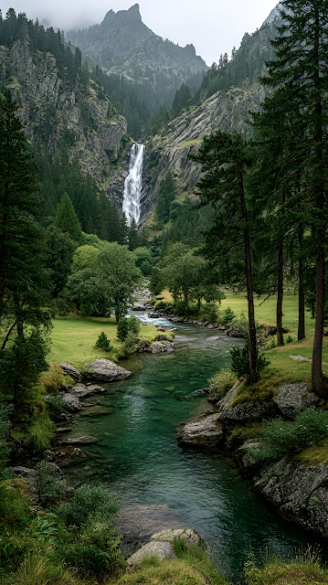 Serene Alpine Waterfall and Emerald River Valley View