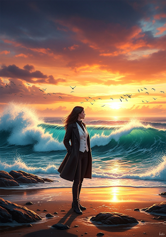 Woman on Stormy Sunset Beach