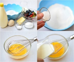 Trộn bột mì, bột nở và đường với nhau. Trứng đánh đều, đổ sữa tươi vào cùng. Đổ bơ đã tan vào, đánh cùng trứng và sữa tươi. Đổ toàn bộ hỗn hợp vào phần bột lúc đầu. Đánh cho nhuyễn.