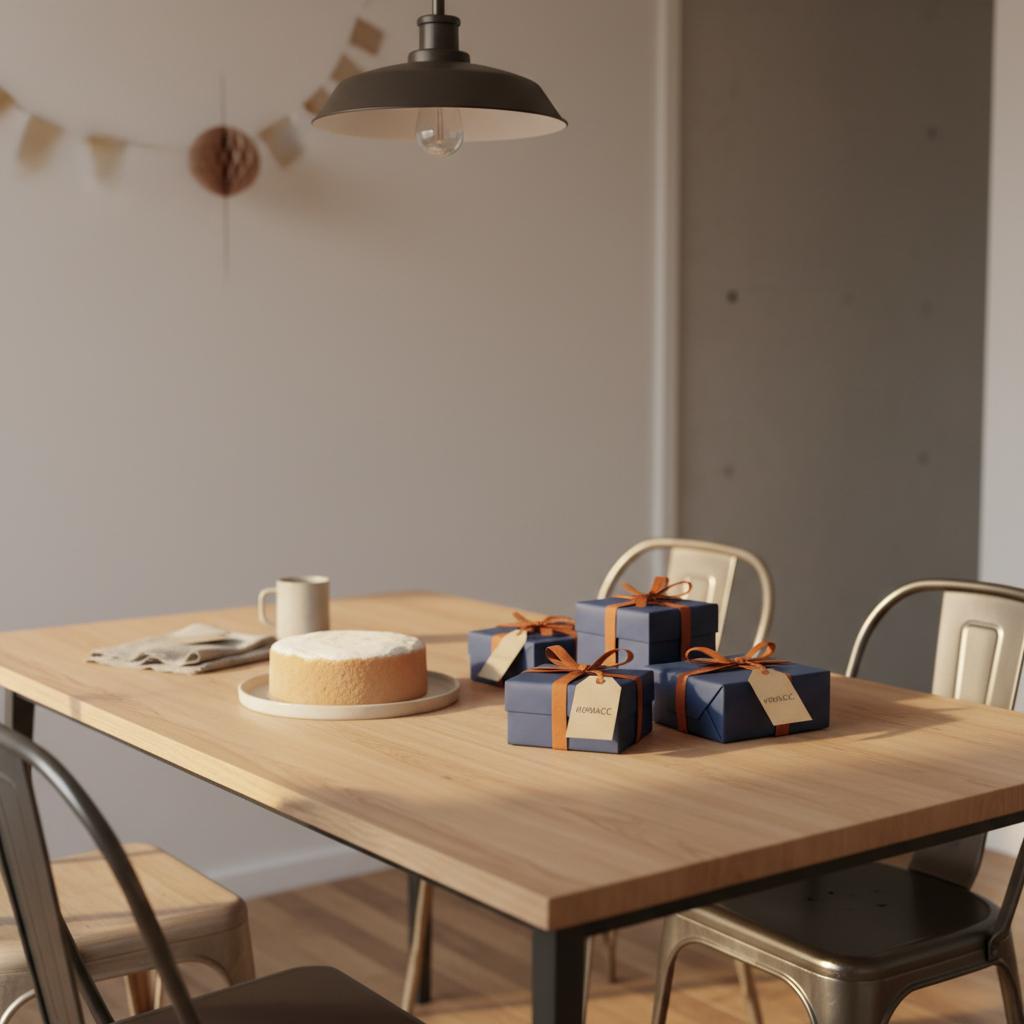 Esstisch mit kleinen geschenken für kollegen, schlicht in blau und orange verpackt, Vanillekuchen, warme Lichtstimmung und dezente industrielle Akzente