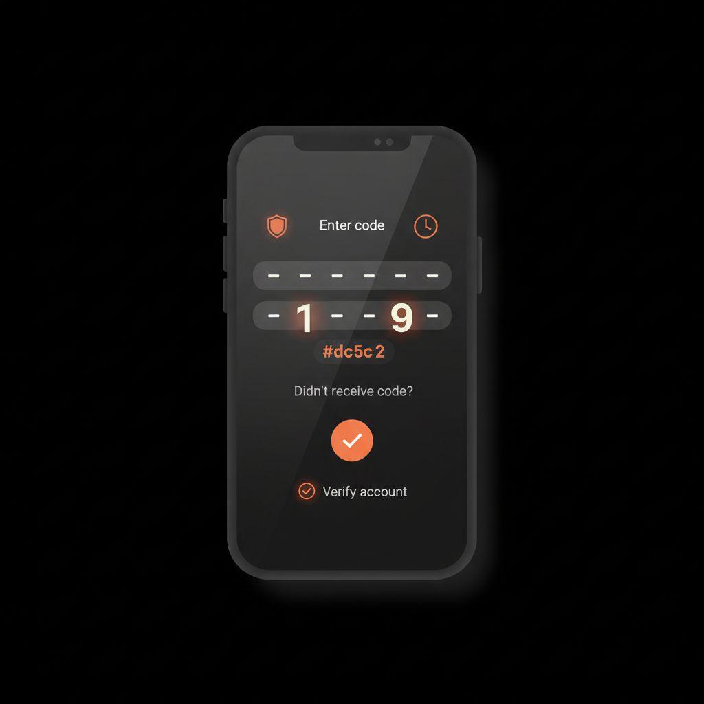 Minimal vector infographic of a smartphone showing a verification code entry for Microsoft account recovery on a #000000 background with pale #edf1e9 text and #dc5c2b accents.