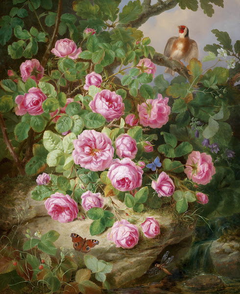 Großes Rosenstillleben mit Schmetterlingen und Vogel 1870