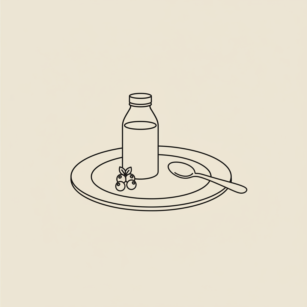 Tonum-style minimalist line illustration of a plate with a protein shake bottle, spoon and berries on beige background — protein shakes for weight loss