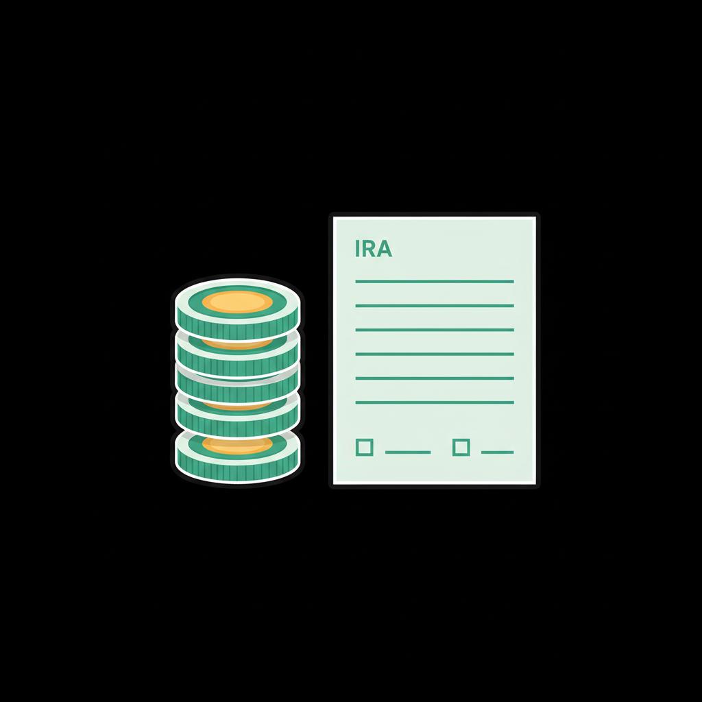 Minimalist 2D vector of stacked coins beside a blank simplified paper IRA form on a dark background with teal green rim lighting and soft gold highlights crypto IRA