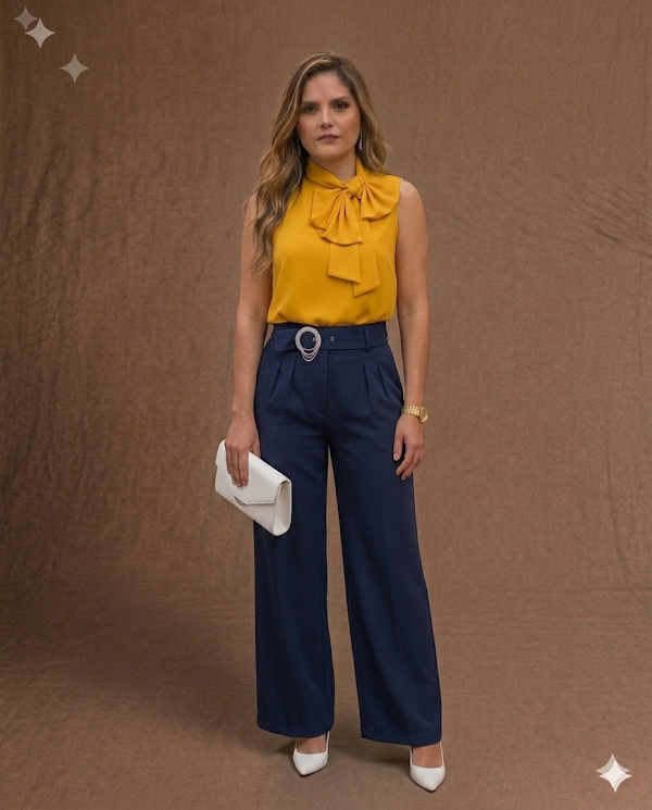 Blusa Amarilla Mostaza Cuello Alto y Lazo