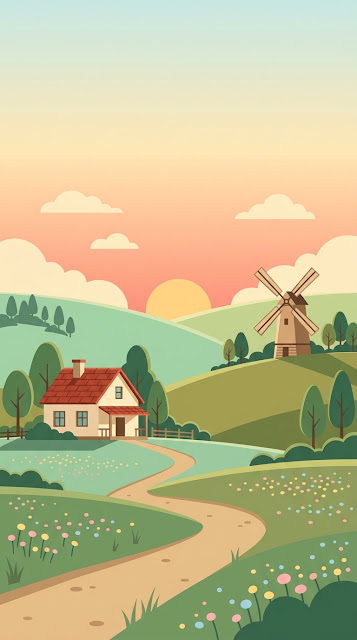 Minimalist Retro Illustration of a Farmhouse and Windmill at Sunrise - Free mobile Wallpaper