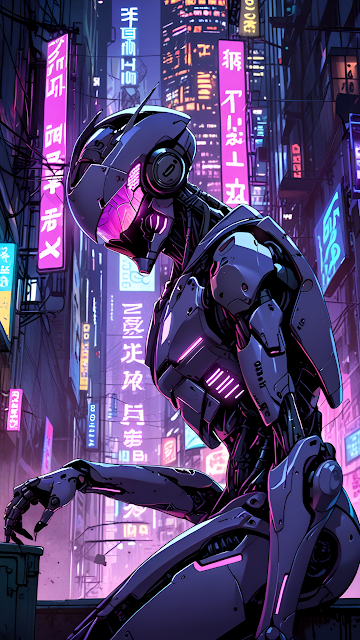 Cyberpunk Robot Neon Cityscape Pink Purple Lights Android - Free mobile Wallpaper