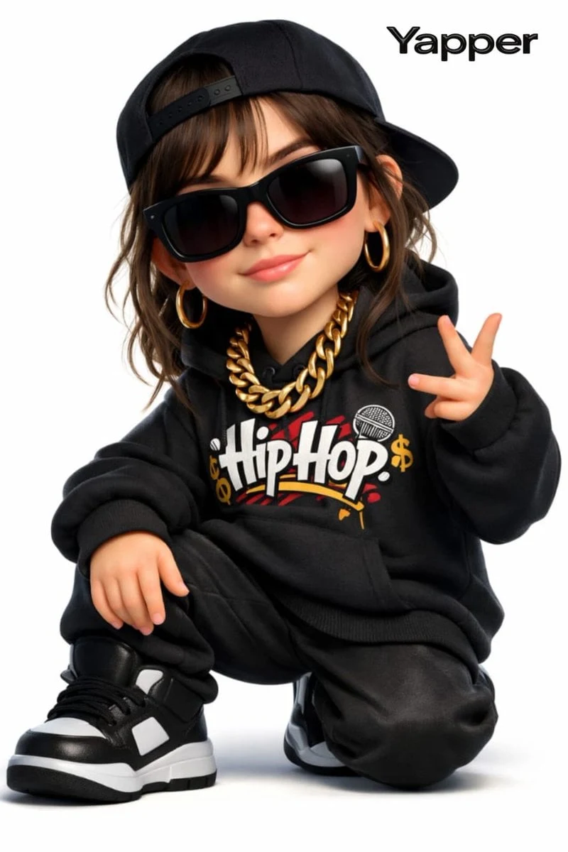 Crea una mujer en 3D estilo caricatura con un estilo de rap (el rostro está inspirado en la imagen de referencia).