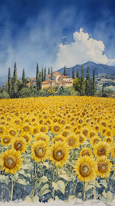 Tuscan Villa Watercolor Painting Sunflower Field Landscape