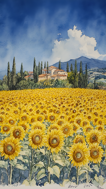 Tuscan Villa Watercolor Painting Sunflower Field Landscape - Free mobile Wallpaper