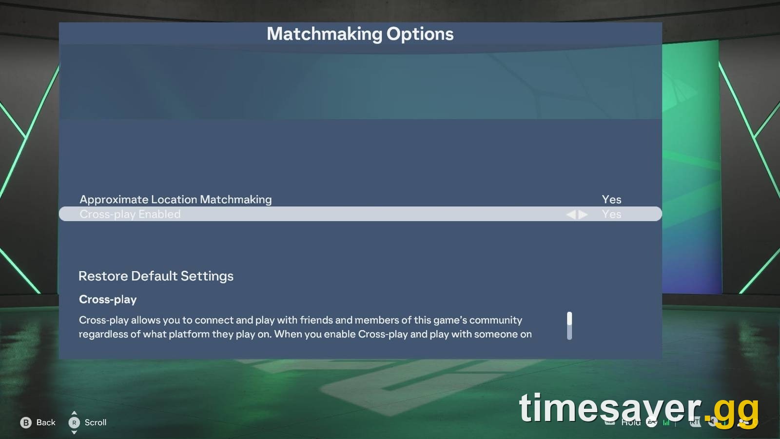 The FC 27 Matchmaking Options screen, showing the Cross-play Enabled toggle set to Yes alongside Approximate Location Matchmaking