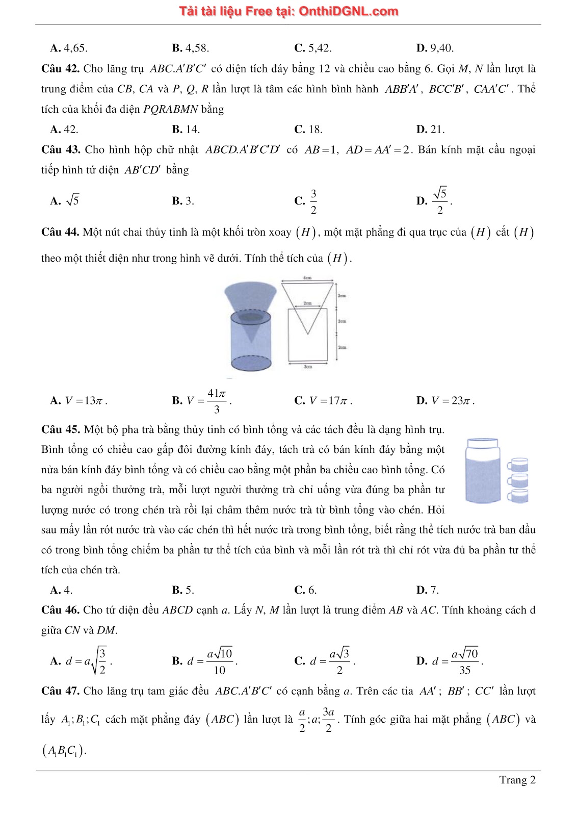 475 bài tập môn Toán - Ôn thi ĐGTD ĐH Bách Khoa Hà Nội Phần 9