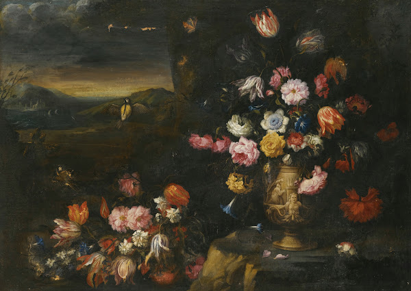 Still Life With Vase Of Flowers In A Coastal Landscape Setting