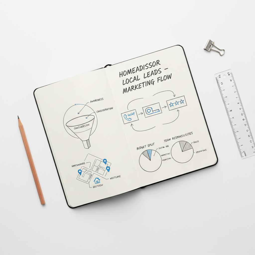 Top-down planner page with hand-drawn local marketing map: neighborhood pins, customer-journey arrows and call/estimate/review icons focused on HomeAdvisor leads