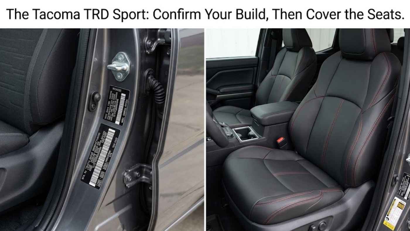 Custom-style eco-leather seat covers installed in a 2027 Toyota Tacoma TRD Sport
