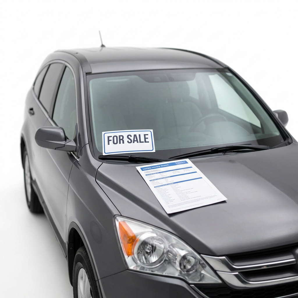 Close up of a used SUV with a for sale sticker and printed vehicle history report on the hood on a clean white background CarFax Deals styling suv for sale near me