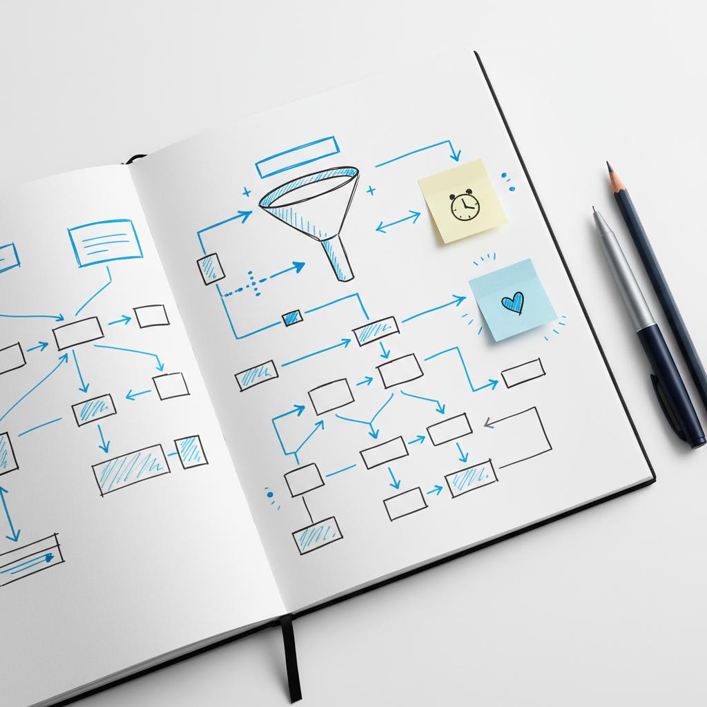 How much does HomeAdvisor charge per lead? Close-up of a white workspace with an open sketchbook of hand-drawn customer service flows and sticky notes showing clock and heart icons.