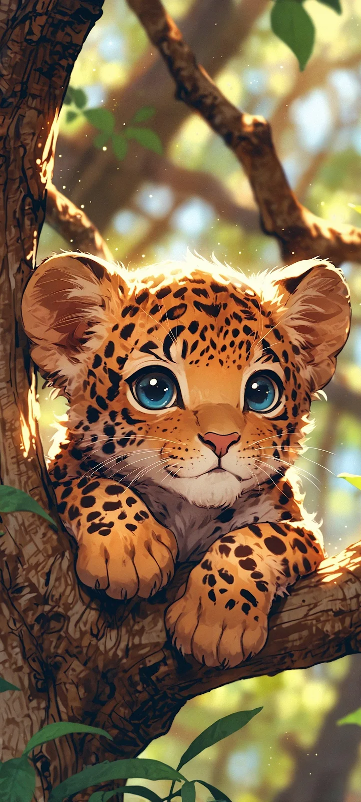 Cute Leopard Cub In Tree - Digital Illustration 2K iPhone Wallpaper (1839x4082)