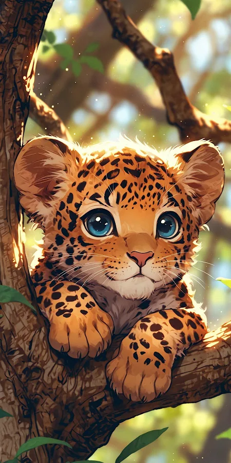 Cute Leopard Cub In Tree 2K iPhone Phone Wallpaper