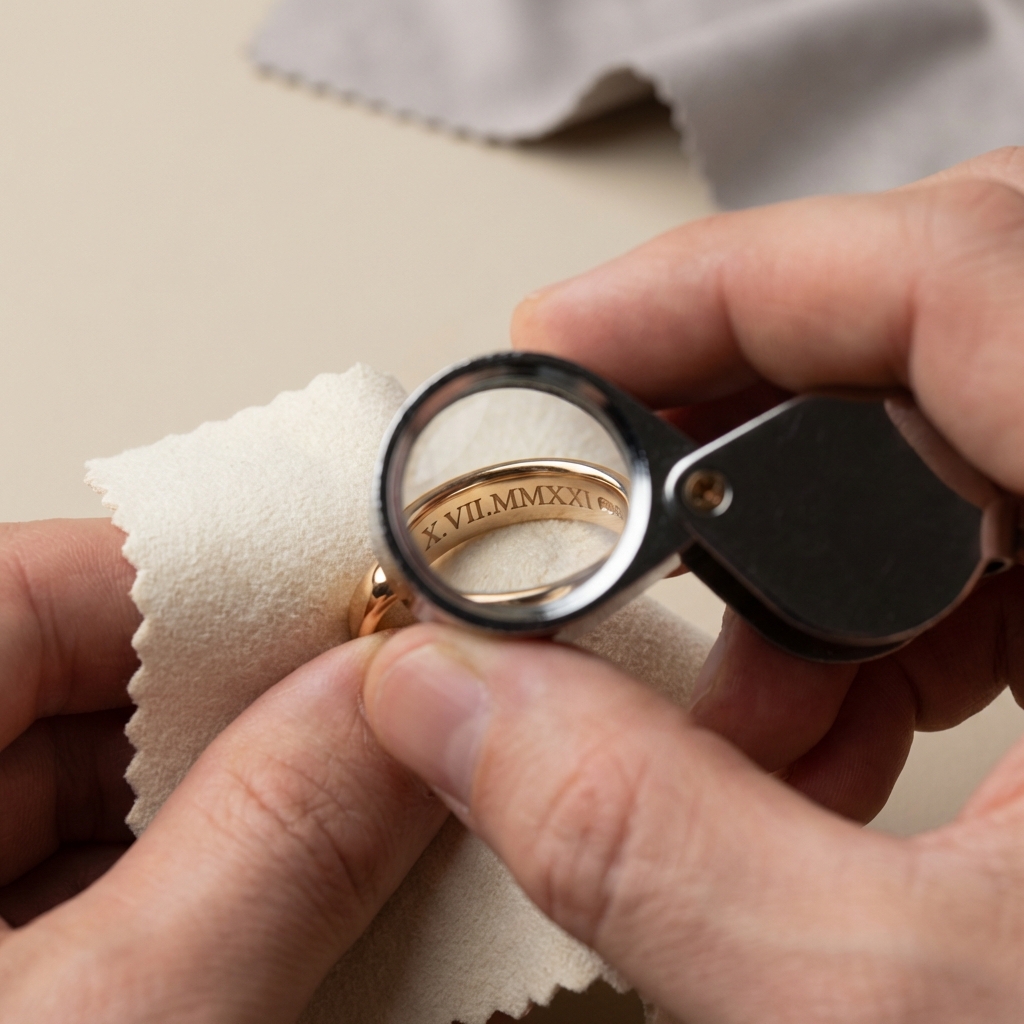 Hands holding jewellers loupe magnifying hallmarks and engraved gold ring roman numerals on warm gold band against minimalist #ede7da background