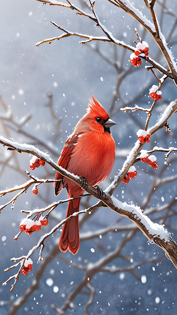 Red Cardinal Perched on Snowy Branch with Berries - Free mobile Wallpaper