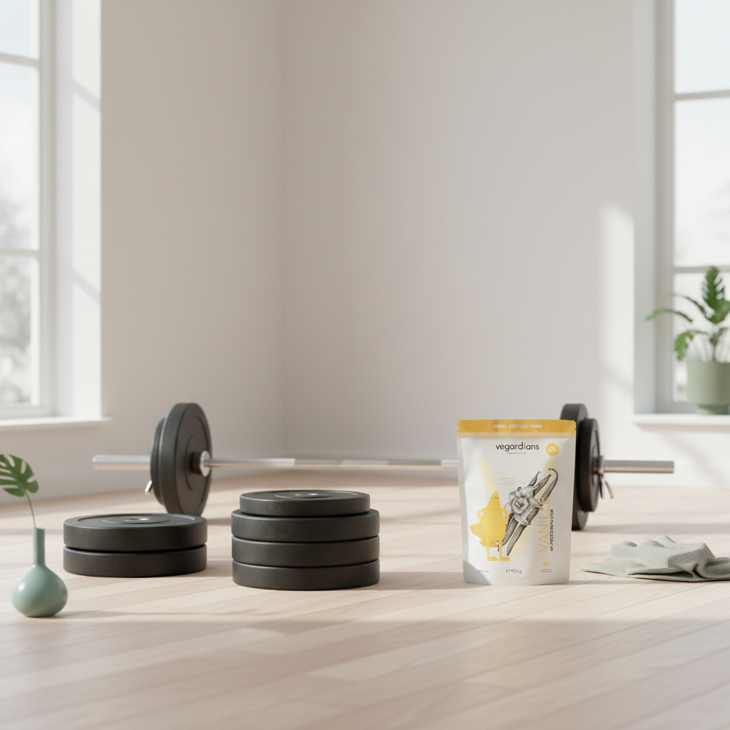 Minimalistische Nahaufnahme einer Hantelstange mit geordneten Hantelscheiben und einem Proteinshaker in hellem Wohnzimmer‑Setup, Fokus auf Funktionalität und krafttraining gesundheit.