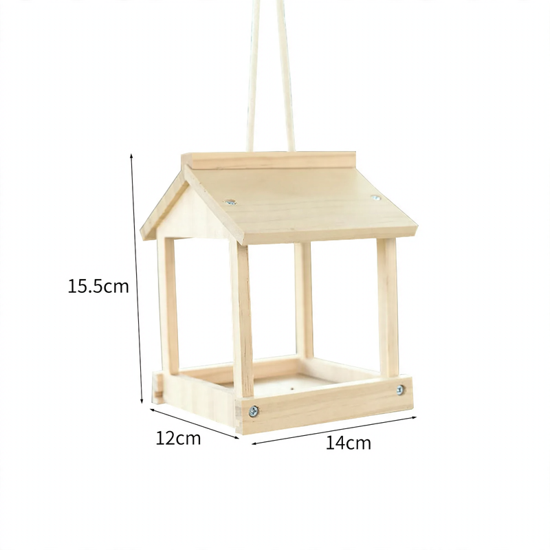 Hanging wooden birdhouse with feeding station