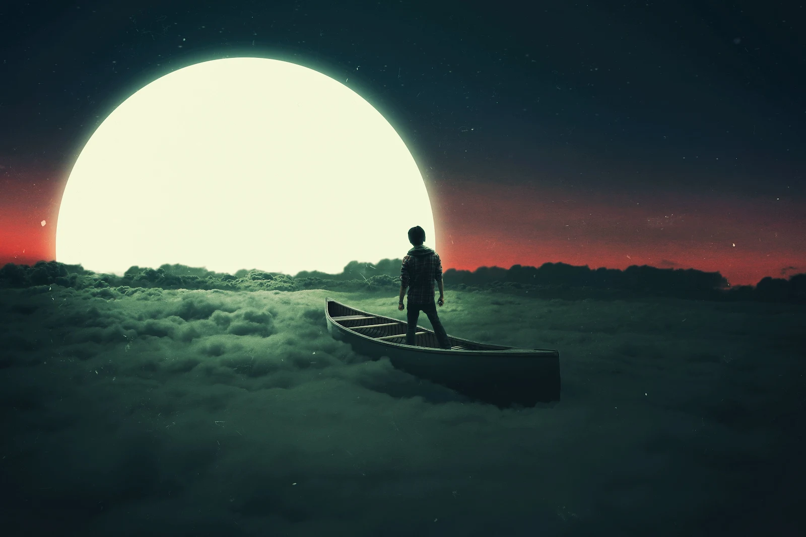 Moon, Clouds, Surreal, Boat, Sunset 4K Desktop Wallpaper Background (3840x2560) Free Download