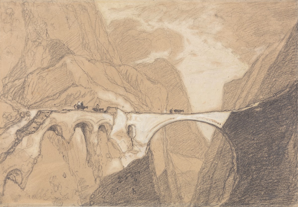 Travellers Crossing a Bridge over an Alpine Gorge ca 1828