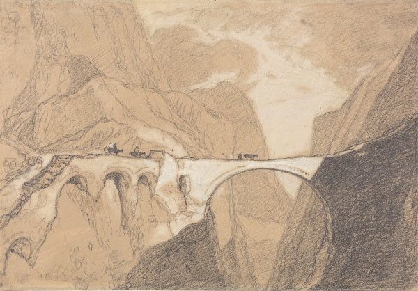 Travellers Crossing a Bridge over an Alpine Gorge ca 1828