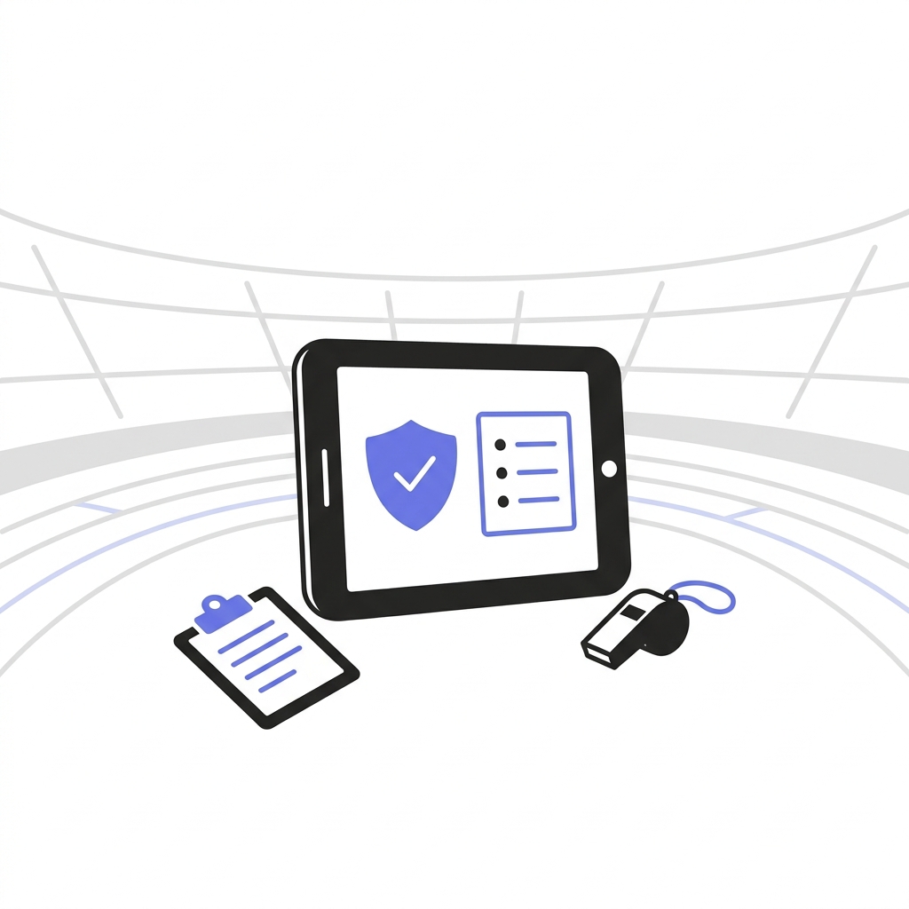 Minimalist 2D vector tablet showing anti doping guidance shield and checklist with clipboard and whistle in empty stadium backdrop in peptite brand colors #7173eb and black on white background