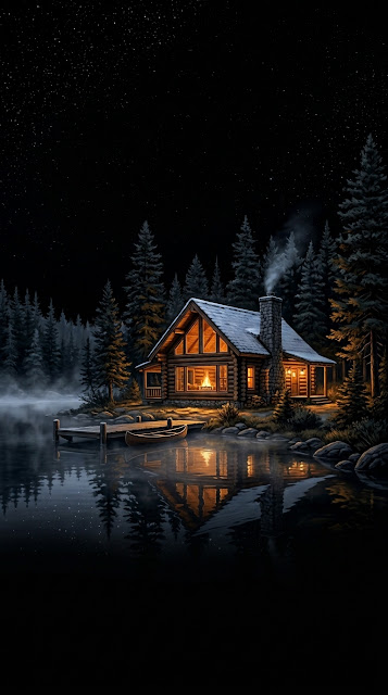 Cozy Log Cabin Lakeside Starry Night Mist Mobile Wallpaper - Free mobile Wallpaper