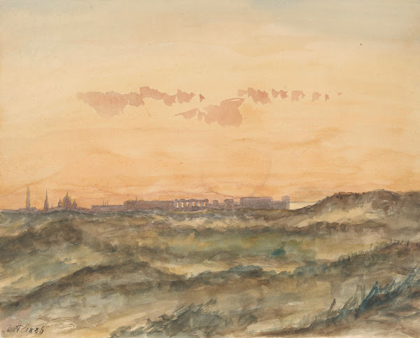 Landschap met in de verte het silhouet van een stad 1886